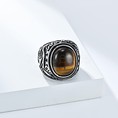 304 Stainless Steel with Natural Tiger Eye Finger Rings for Men FS-WG44E14-13-1