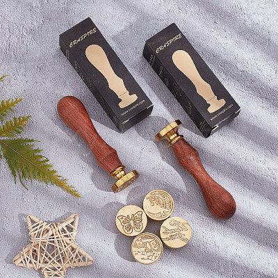 Brass Wax Seal Stamp with Wood Handle AJEW-WH0412-0346-1