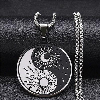 201 Stainless Steel Enamel Yin Yang with Sun & Moon Pendant Necklaces NJEW-G115-05P-1-1