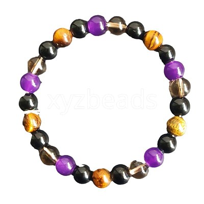 Round Natural Tiger Eye & Black Obsidian & Amethyst & Smoky Quartz Beads Stretch Bracelets for Girl Women FS-WGE0C43-09-1