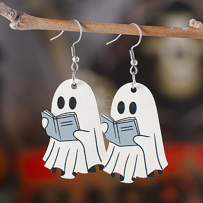 Ghost with Book Wood Dangle Earrings FS-WG49A46-04-1