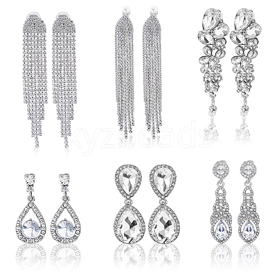 6 Pairs 6 Style Alloy Rhinestone Teardrop Dangle Clip-on Earrings EJEW-FI0002-91-1