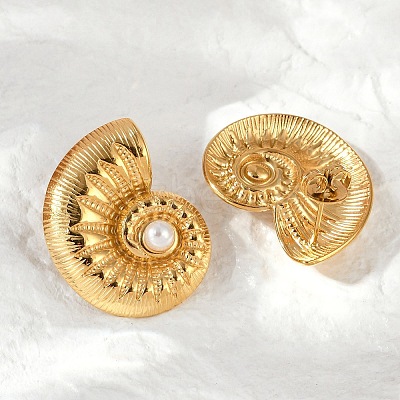 304 Stainless Steel Shell Pearl Stud Earrings EJEW-G423-22G-1