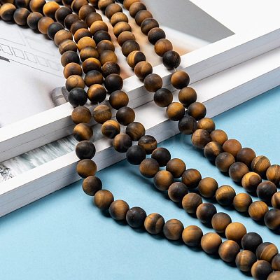 Natural Frosted Tiger Eye Round Bead Strands G-M064-8mm-02-1