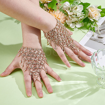 2Pcs Brass Rhinestone Chain Finger Rings Bracelet BJEW-ME0001-01G-1