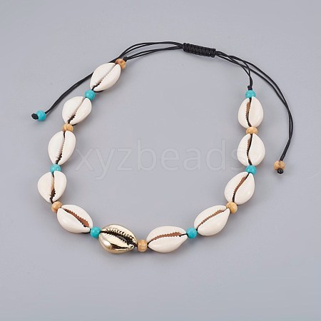 Adjustable Cowrie Shell and Synthetic Turquoise Beaded Necklaces NJEW-JN02300-02-1