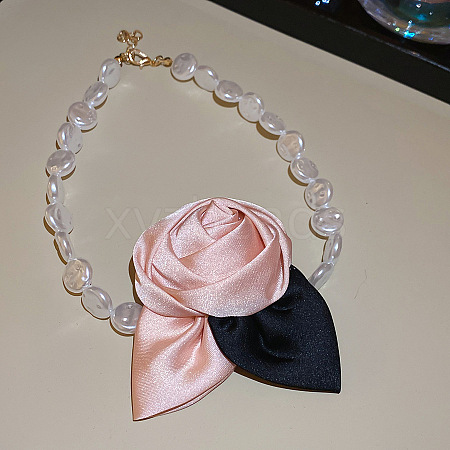 Rose Cloth Plastic Pearl Beaded Choker Necklaces FS-WGC088F-02-1