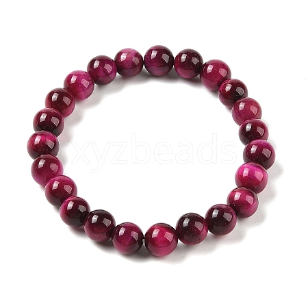 8mm Round Dyed Natural Magenta Tiger Eye Beaded Stretch Bracelets for Women Men BJEW-M318-01-1