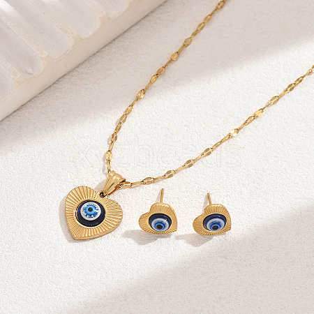 Vintage 201 Stainless Steel & Plastic Heart with Evil Eye Stud Earrings & Pendant Necklaces Set for Women JC7248-1