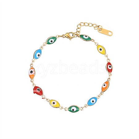 Golden Tone Stainless Steel Enamel Evil Eye Link Chain Bracelets for Women CI4530-2-1