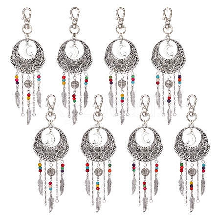  8Pcs Woven Net/Web with Feather Tibetan Style Alloy Pendant Decorations HJEW-NB0001-89-1