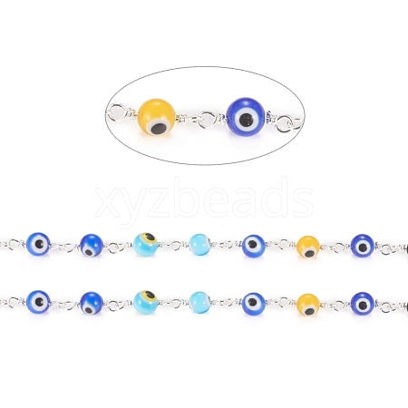 3.28 Feet Handmade Evil Eye Lampwork Round Beaded Chains X-CHC-G009-B-S04-1