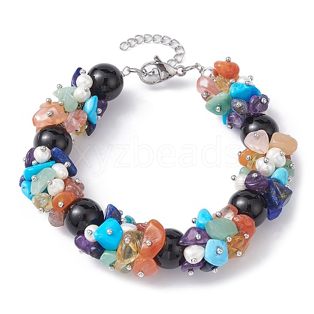 Natural Black Onyx Round & Mixed Stone Chips & Pearl Beaded Bracelet BJEW-JB09631-01-1