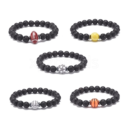 Natural Lava Rock & Synthetic Hematite & Acrylic Beaded Stretch Bracelet BJEW-JB08553-1