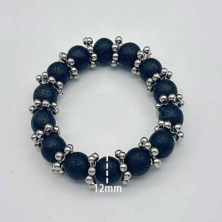 Natural Lava Rock Round Beaded Stretch Bracelet XU8042-1-1