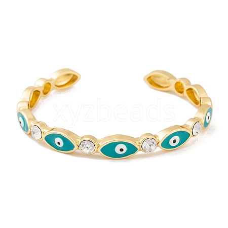 Horse Eye Brass Pave Clear Cubic Zirconia Evil Eye Open Cuff Bangles with Enamel for Women BJEW-S147-06G-01-1