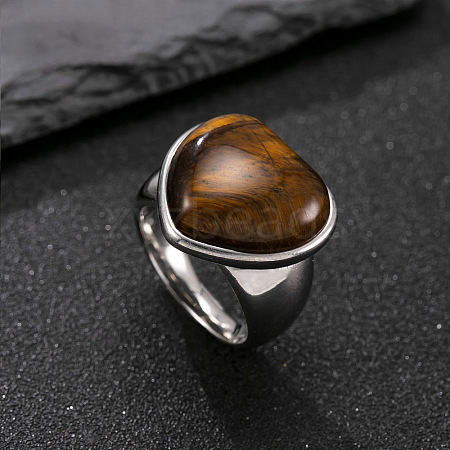304 Stainless Steel with Natural Tiger Eye Finger Rings for Men FS-WG9BB25-01-1