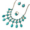 Oval Bohemian Style Synthetic Turquoise Pendant Necklaces & Dangle Earrings & Rings Sets FS-WG356F5-01-4