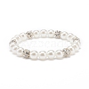 ABS Plastic Pearl & Brass Round Beaded Stretch Bracelet with Clear Rhinestone for Women BJEW-JB08523-02-1