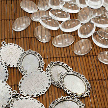 DIY Tibetan Style Pendant Cabochon Settings and Oval Transparent Clear Glass Cabochons TIBEP-MSMC021-38AS-NR