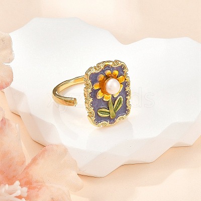 Flower Pattern Brass Enamel & Natural Freshwater Pearl Open Cuff Rings for Women RJEW-G342-01G-01-1