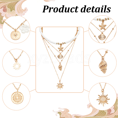 6Pcs 6 Style Sun & Flower & Shell Shape Pendant Alloy Multi Layered Necklaces Sets NJEW-AN0001-37-1