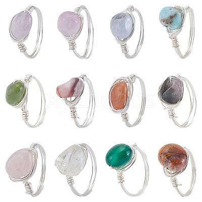 12Pcs Natural Gemstone Finger Rings RJEW-HY00003-1