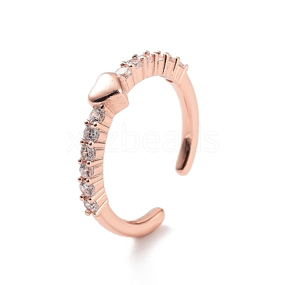Heart Rack Plating Brass Micro Pave Clear Cubic Zirconia Open Rings RJEW-D020-12RG-1