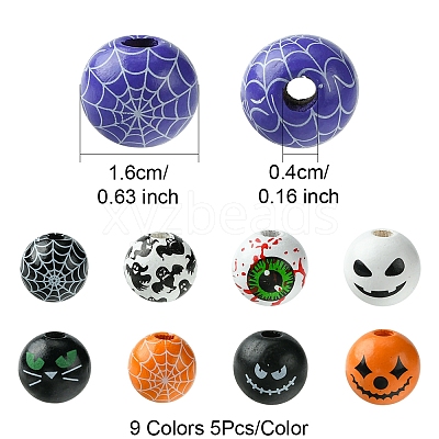 45Pcs 9 Colors Printed Round Wood European Beads WOOD-FS0001-21-1