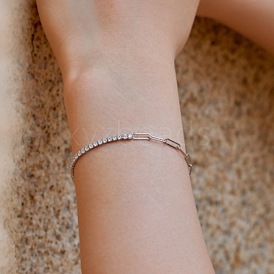 Rhodium Plated 925 Sterling Silver Pave Clear Cubic Zirconia Paperclip Chain Bracelets for Women BJEW-Q346-01P-1