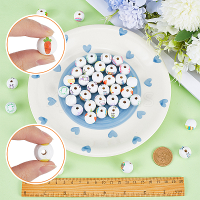 48Pcs 12 Styles Easter Theme Printed Wooden Beads WOOD-SC0001-61-1