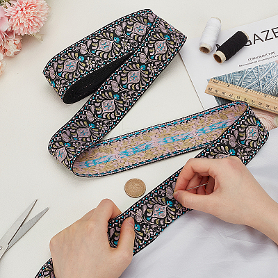 10 Yards Ethnic Style Polyester Jacquard Flower Ribbon OCOR-WH0078-185B-1