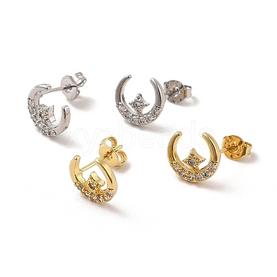 Clear Cubic Zirconia Moon with Star Stud Earrings EJEW-F301-07-1