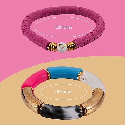10Pcs 10 Style Handmade Polymer Clay Heishi Beaded Stretch Bracelets Set with Heart BJEW-SW00036-02-1