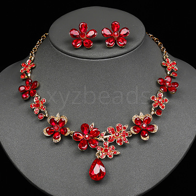 Flower & Teardrop Alloy Glass Stud Earring & Pendant Necklaces Sets for Women FS-WG5A09D-01-1
