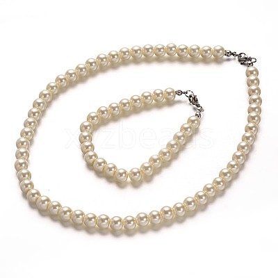 Stainless Steel Dyed Glass Pearl Round Bead Strands and Bracelets Jewelry Sets SJEW-M039-01B-1