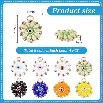 32Pcs 8 Colors Glass Seed Beaded Sunflower with Evil Eye Charms PALLOY-PH01782-1