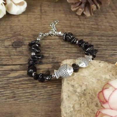 Natural Obsidian Chip & Alloy Beaded Bracelets for Women YV2517-3-1