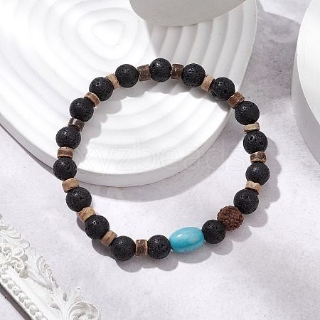 Natural Lava Rock & Rudraksha & Coconut & Howlite Beads Stretch Couples Bracelets for Men BJEW-JB11329-02-1