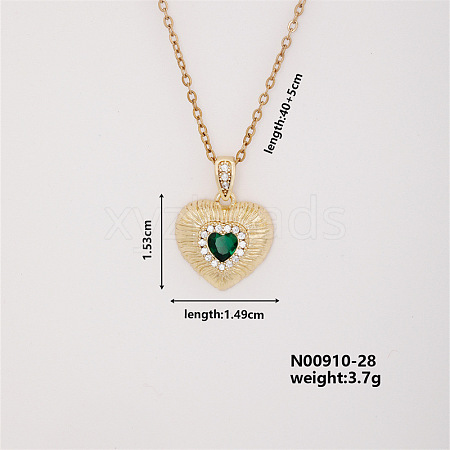 Vintage Heart-shaped Brass Micro Pave Green Cubic Zirconia Pendant Necklaces FH1361-4-1