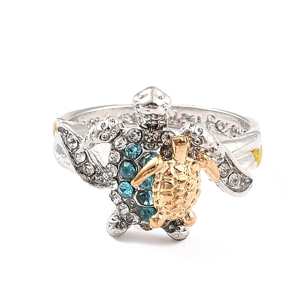 Two Tone Alloy Sea Turtles Finger Ring with Rhinestone for Women RJEW-I080-01PG-1