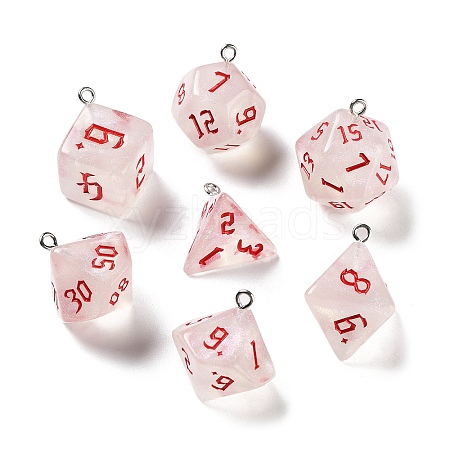 7 Styles Transparent Resin Polyhedral Dice Pendants Set RESI-A029-01L-1