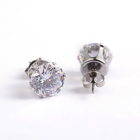 Flat Round 304 Stainless Steel Cubic Zirconia Stud Earrings EJEW-H306-38-3mm-1