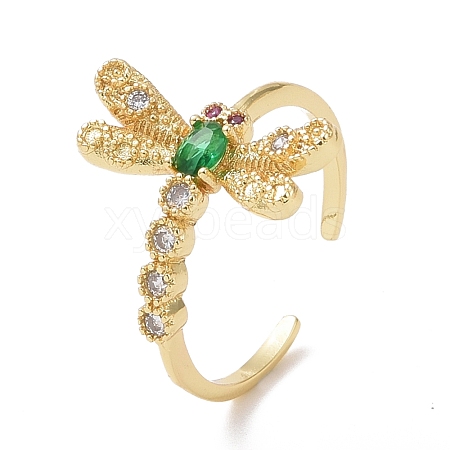 Green Cubic Zirconia Dragonfly Open Ring RJEW-P032-33G-1