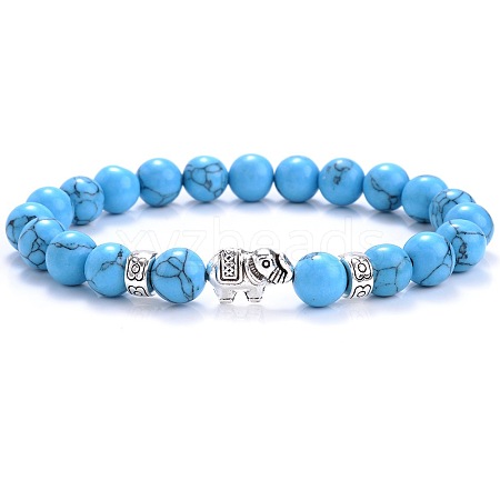 Ethnic Style Antique Silver Tone Alloy Elephant & Round Synthetic Turquoise Beaded Stretch Bracelets for Women Men QP2163-6-1