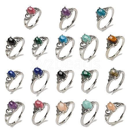 Oval Natural Gemstone Adjustable Rings RJEW-Q818-01P-1