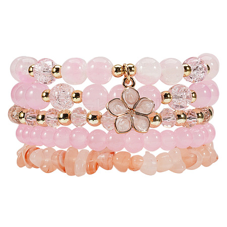 Bohemian Glass & Plastic Beads Strertch Bracelets & Sakura Flower Zinc Alloy Enamel Charm Bracelets FS-WG4AF45-03-1