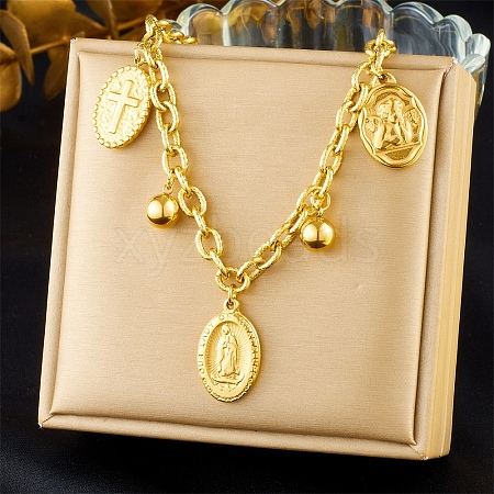 304 Stainless Steel Oval with Virgin Cross Pendant Necklaces for Women NJEW-A050-01G-1
