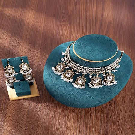 Rectangle Alloy Glass Choker Necklace & Earrings Sets for Women FS-WG507E8-01-1