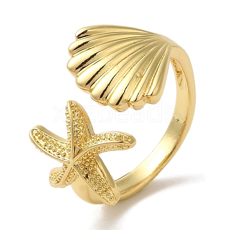 Starfish & Shell Shape Rack Plating Brass Open Cuff Finger Rings for Women RJEW-L123-010G-1